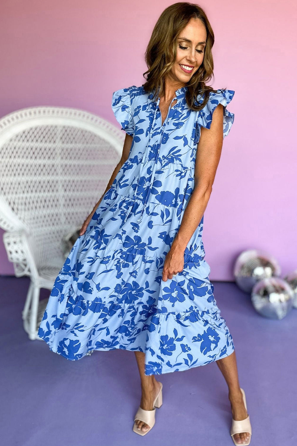 Sky Blue Floral Tiered Maxi Dress