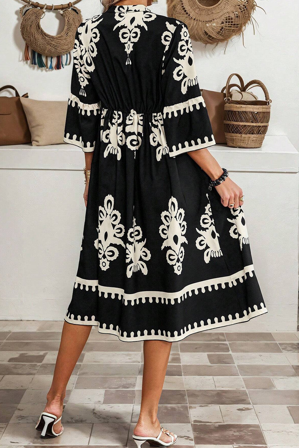 Black Print 3/4 Sleeve Loose Midi Dress