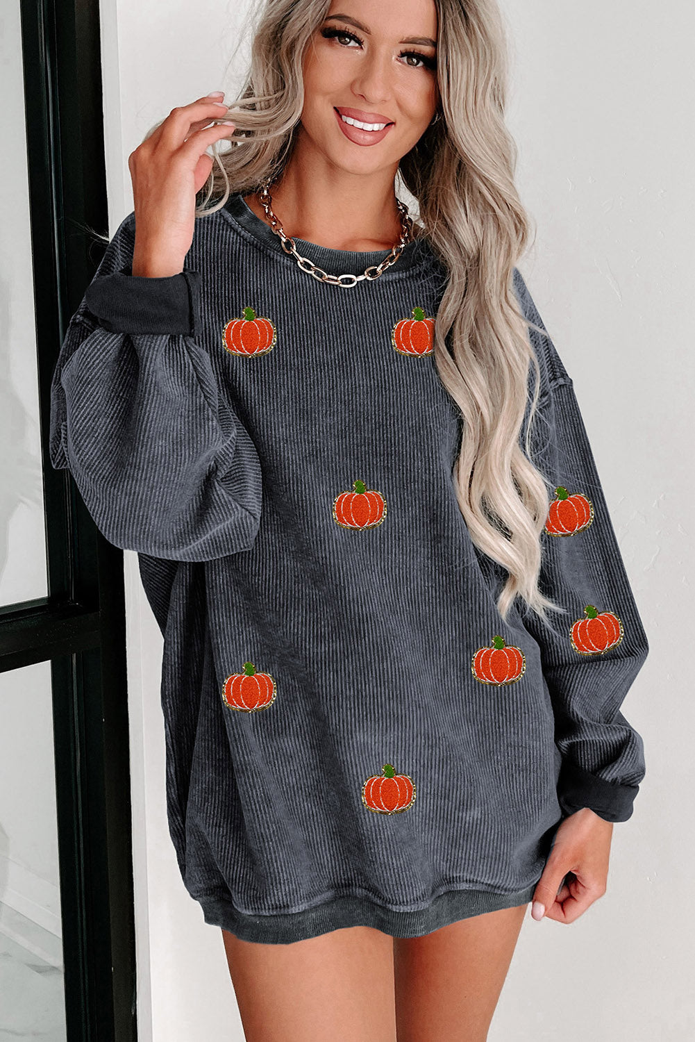 Ribbed Halloween Pumpkin Graphic Sweatshirt