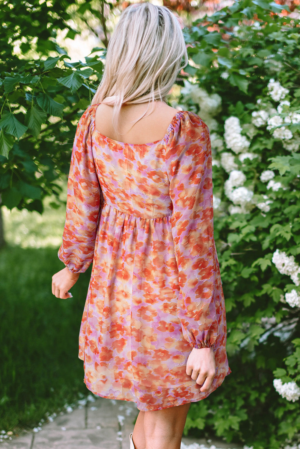 Rose Floral Print Square Neck Dress