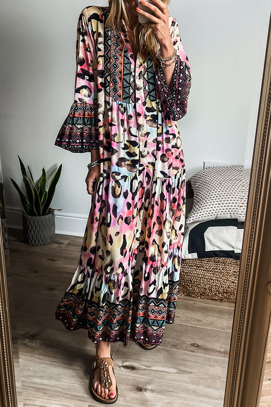 Pink Western Leopard Printed Tiered Maxi Dress