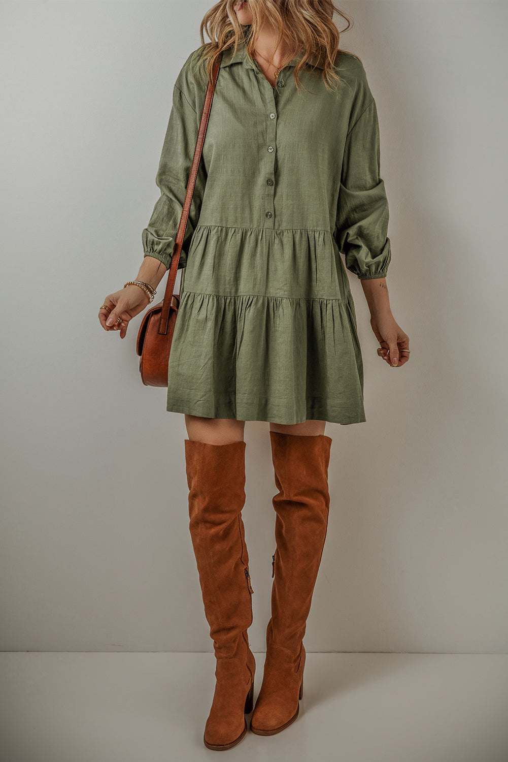 Tiered Pleated Mini Shirt Dress