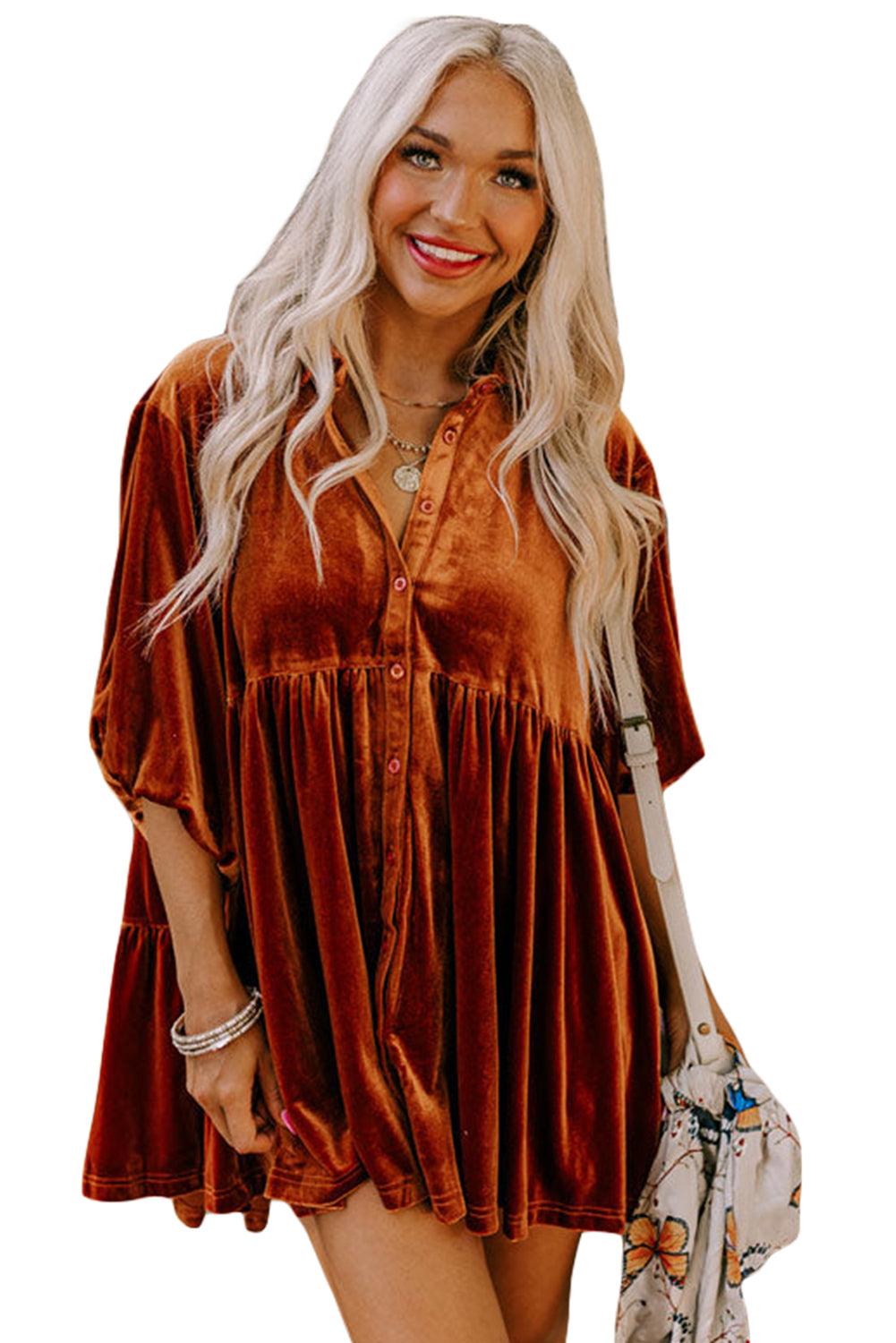 Lantern Sleeve Tunic Babydoll Velvet Shirt