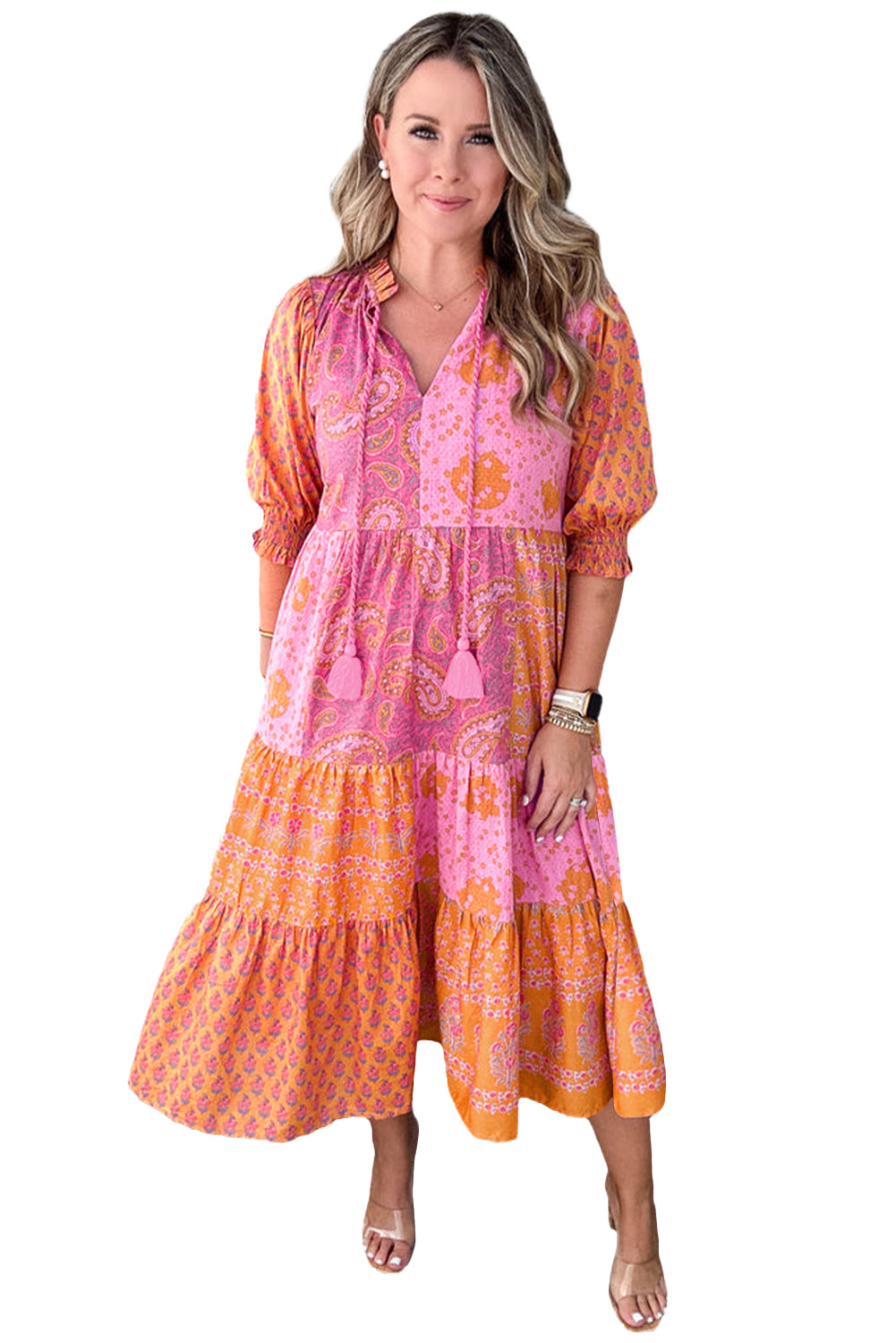 Pink Boho Paisley Floral Midi Dress - Plus