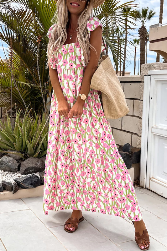 Pink Floral Square Neck Maxi Dress