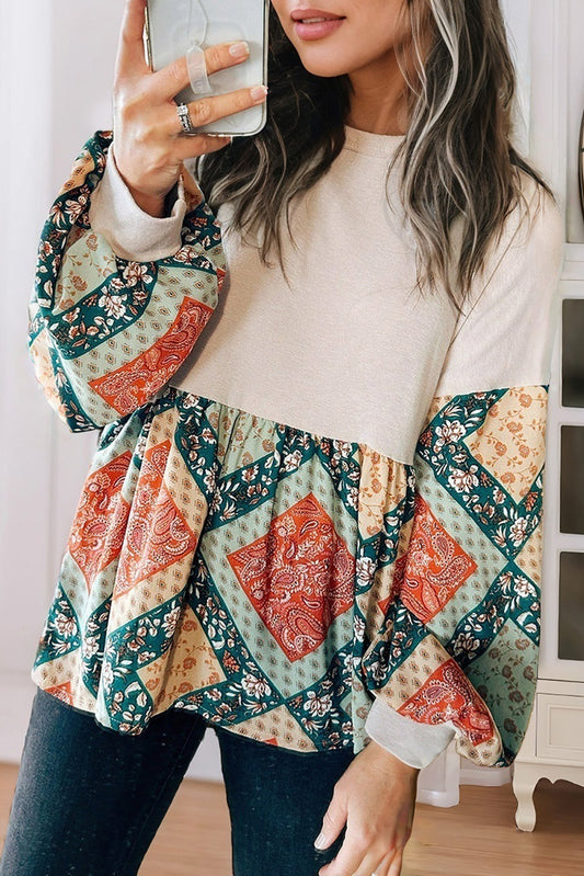 Paisley Geometric Patchwork Loose Fit Blouse