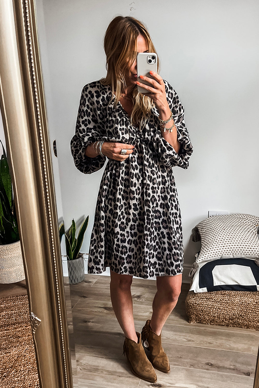 Leopard Print 3/4 Sleeve Dress