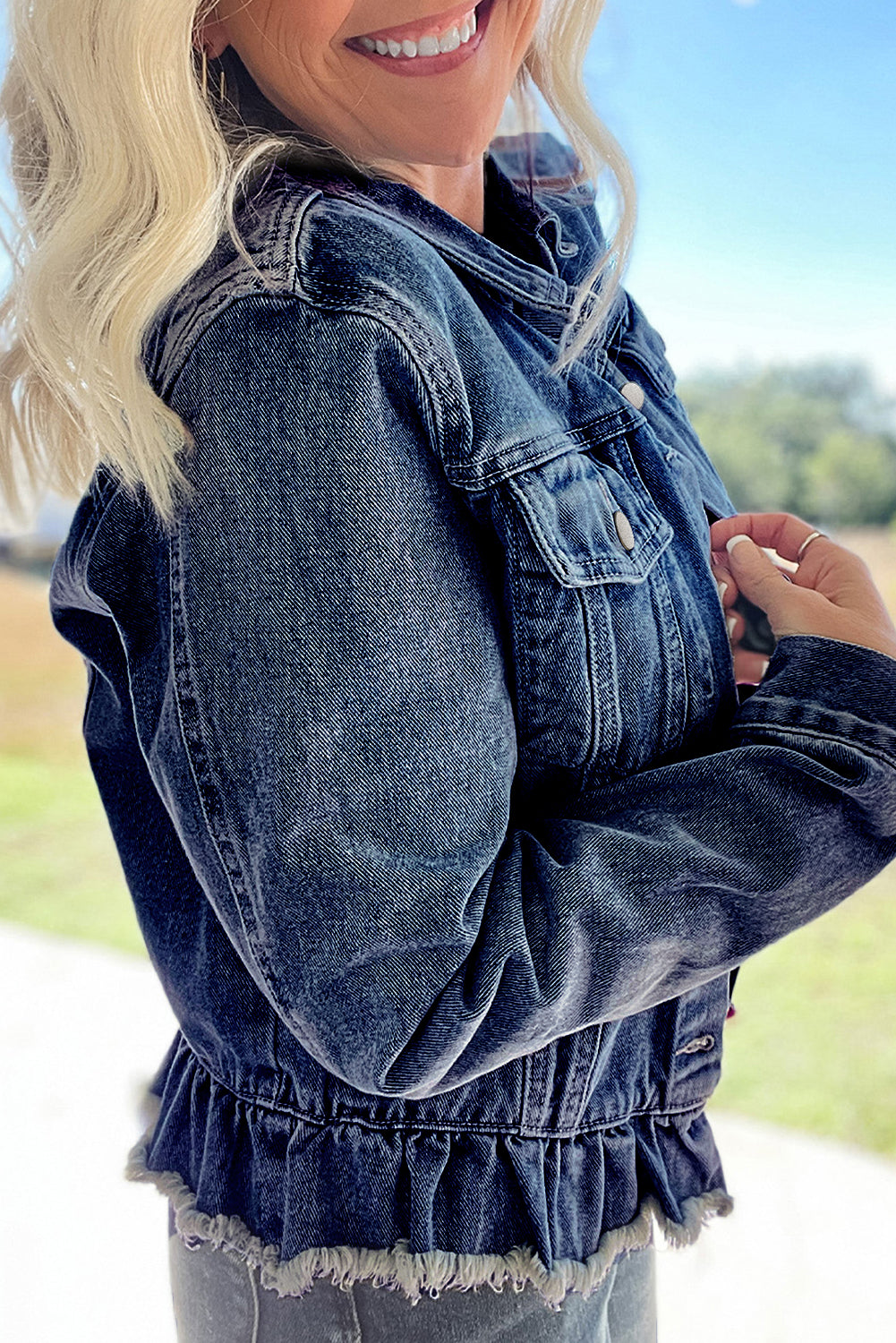 Ruffle Raw Hem Denim Jacket