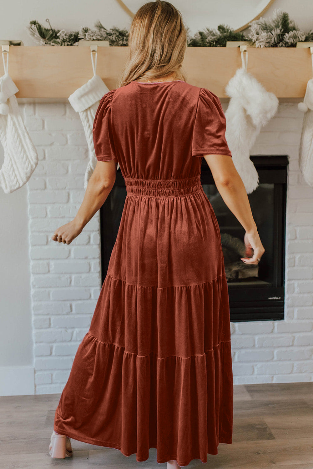 Chestnut Velvet Shirred Waist Tiered Maxi Dress