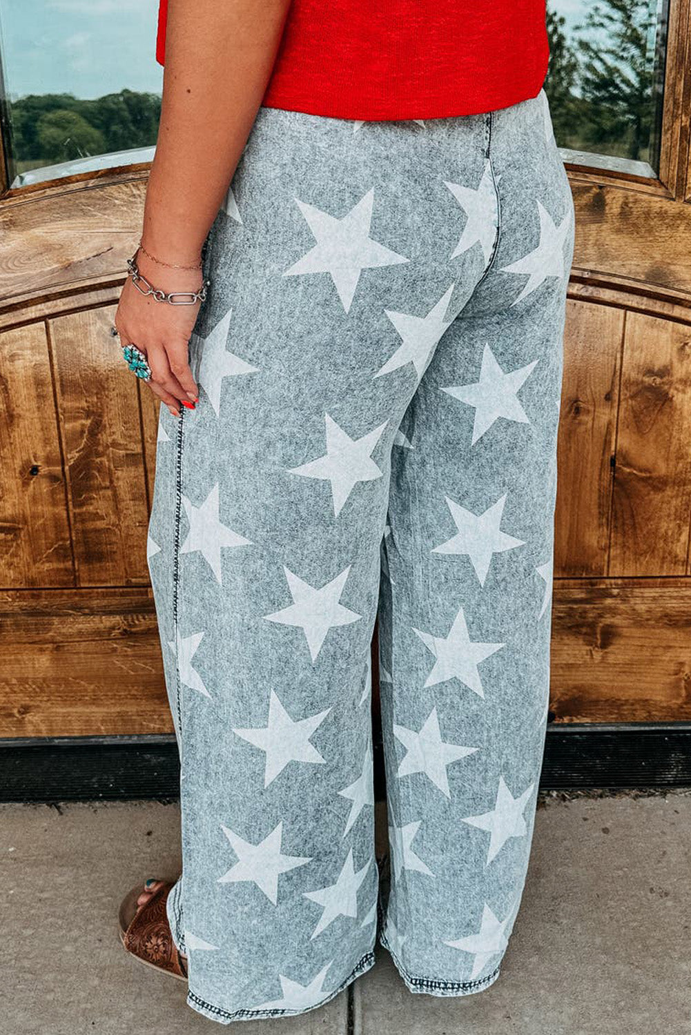 Light Blue Star Print Drawstring Wide Leg Jeans