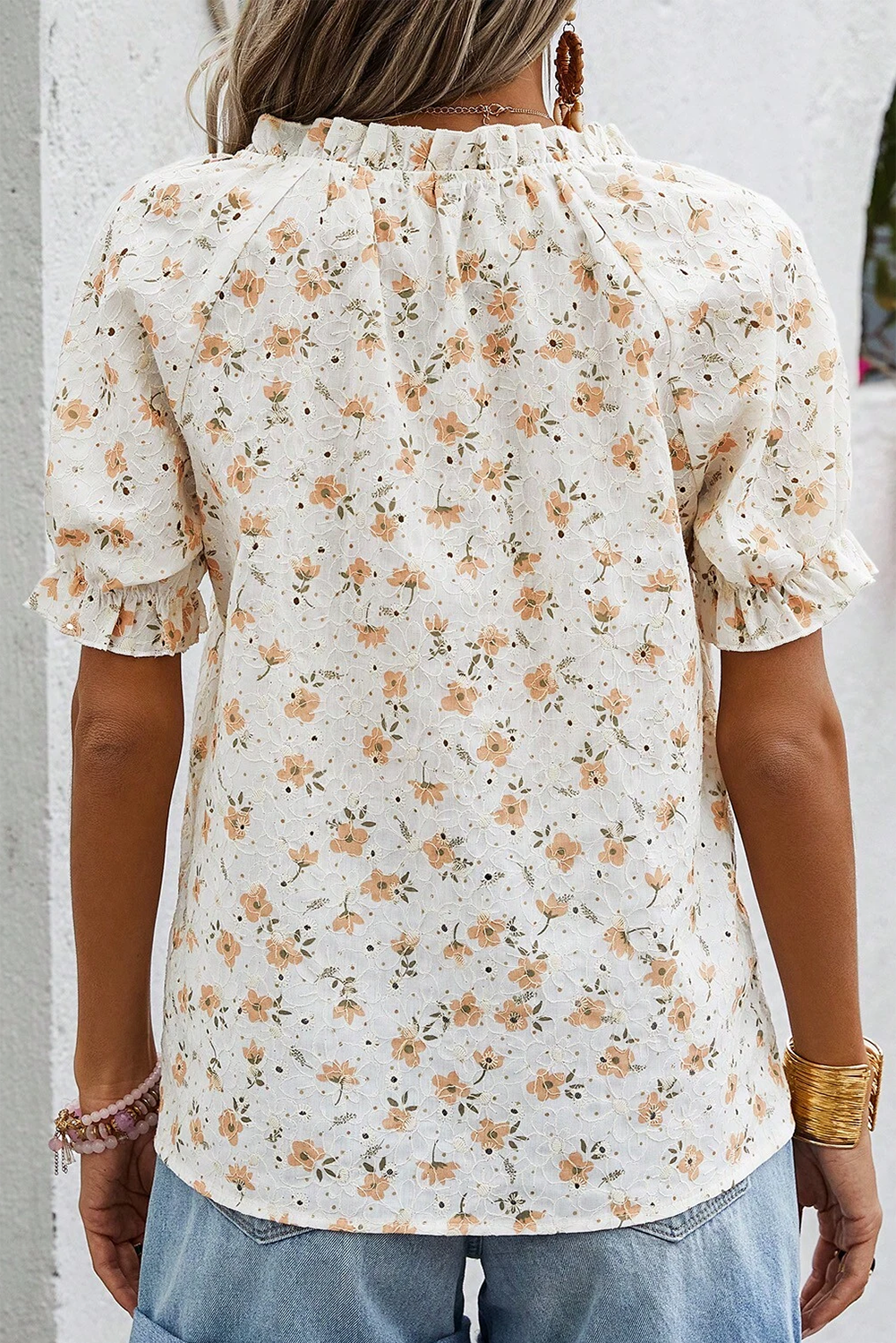 Eyelet Notch V Neck Puff Sleeve Floral Blouse