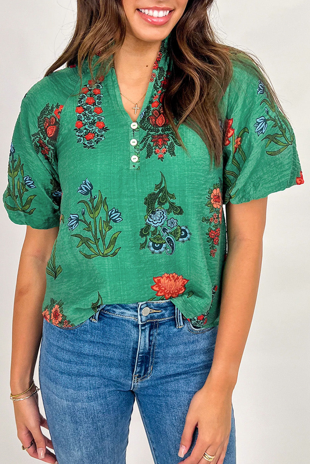 Green Floral Button V-Neck Blouse