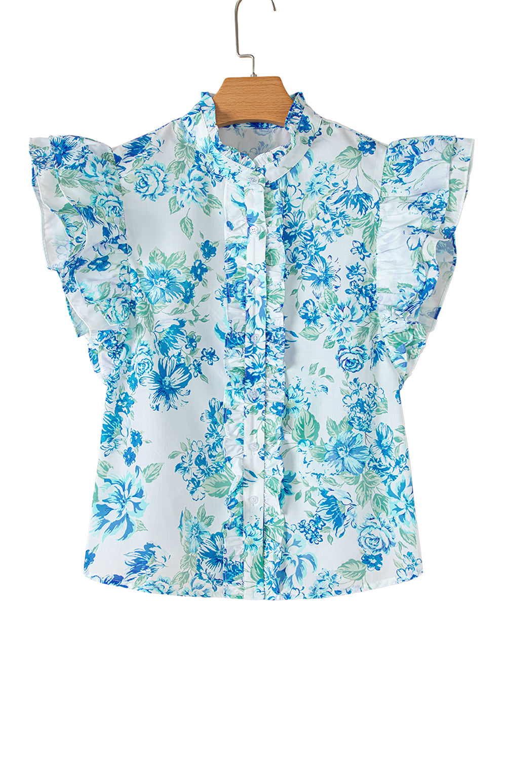 Blue Floral Ruffle Sleeve Shirt