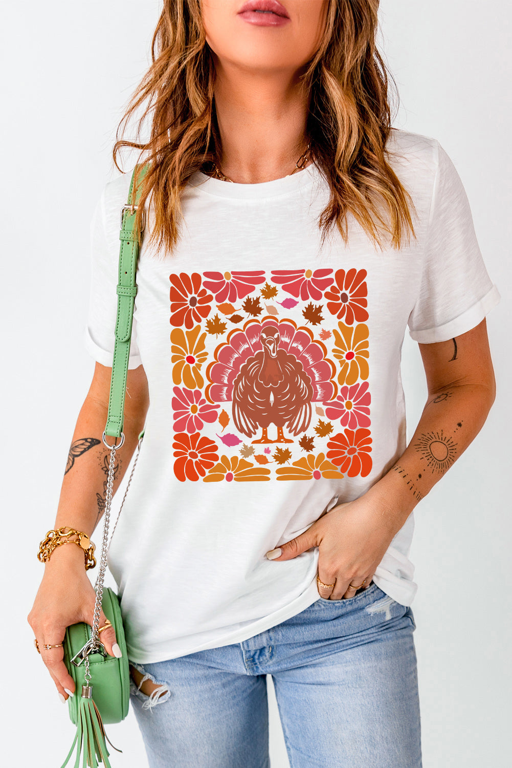 Folk Art Turkey Crewneck Thanksgiving Tee