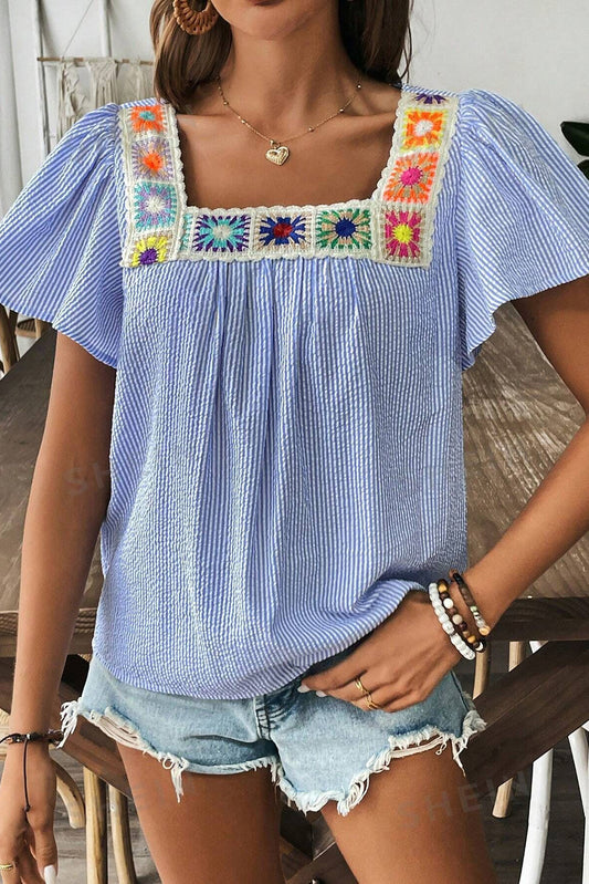 Seersucker Crochet Boho Blouse