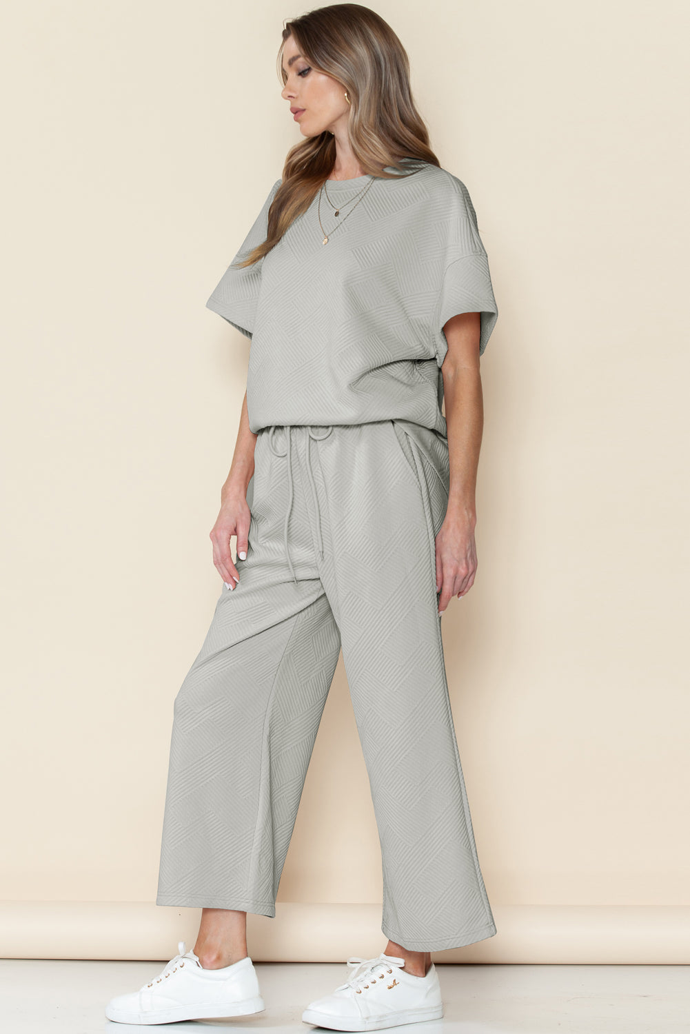 Textured Loose Fit T Shirt and Drawstring Pants Set