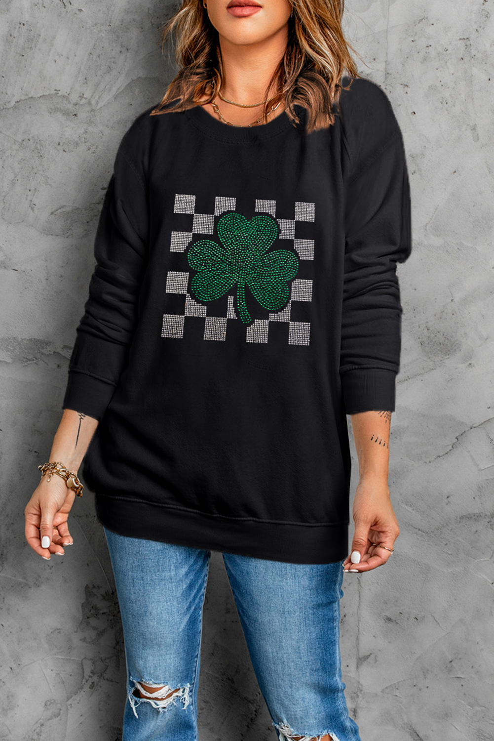 Black Rhinestone Checkerboard Shamrock Sweatshirt