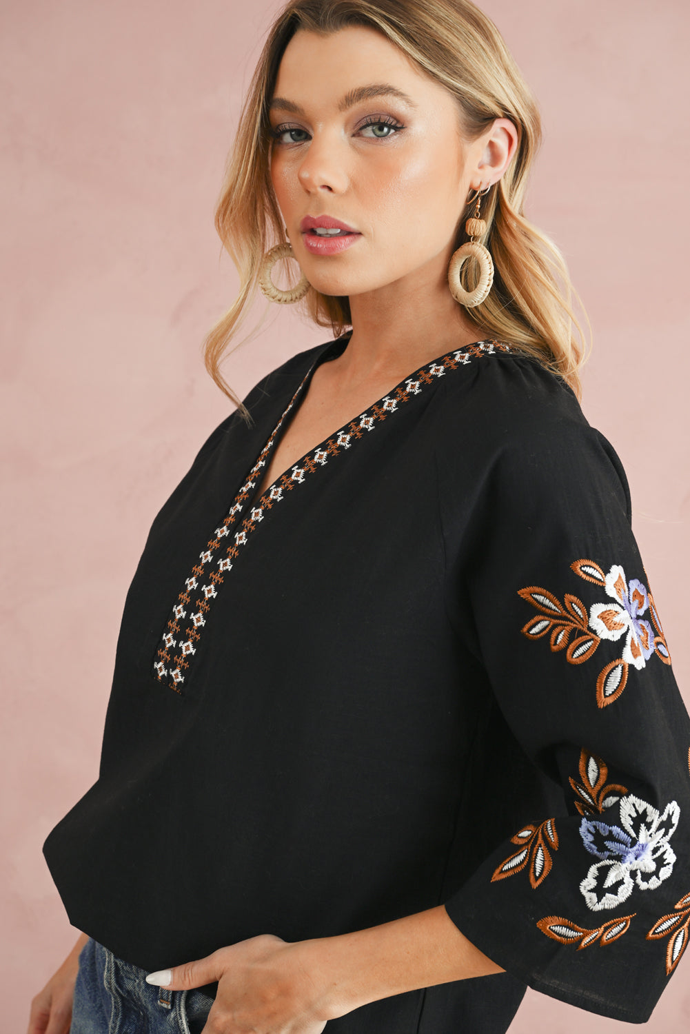 Black Floral Embroidered Sleeve Boho Blouse