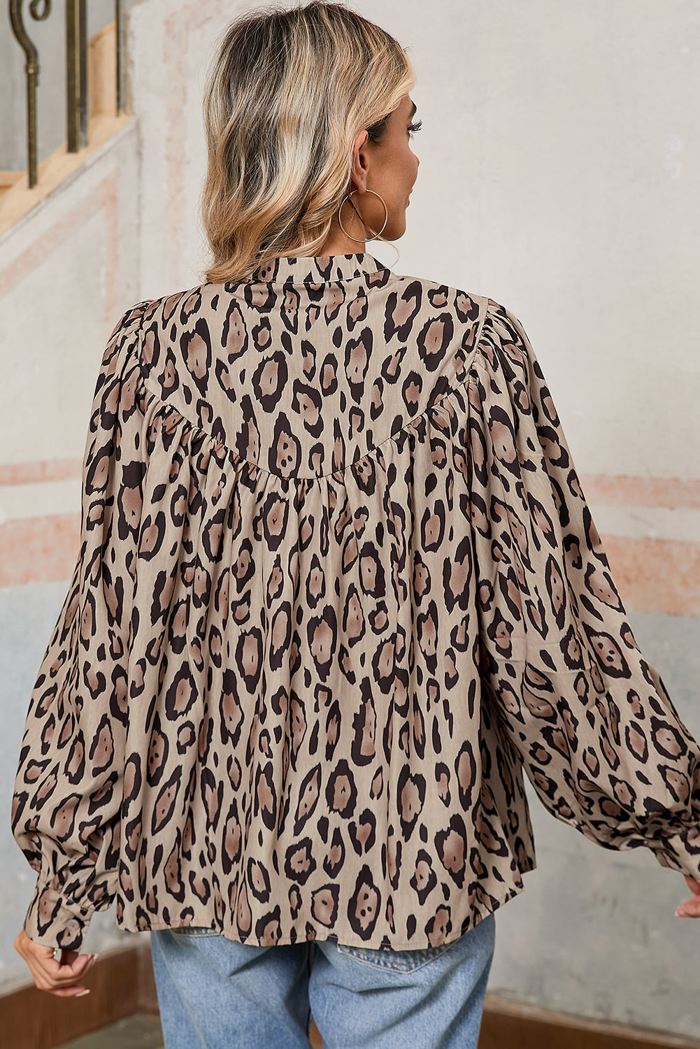 Leopard Print Balloon Sleeve Loose Blouse