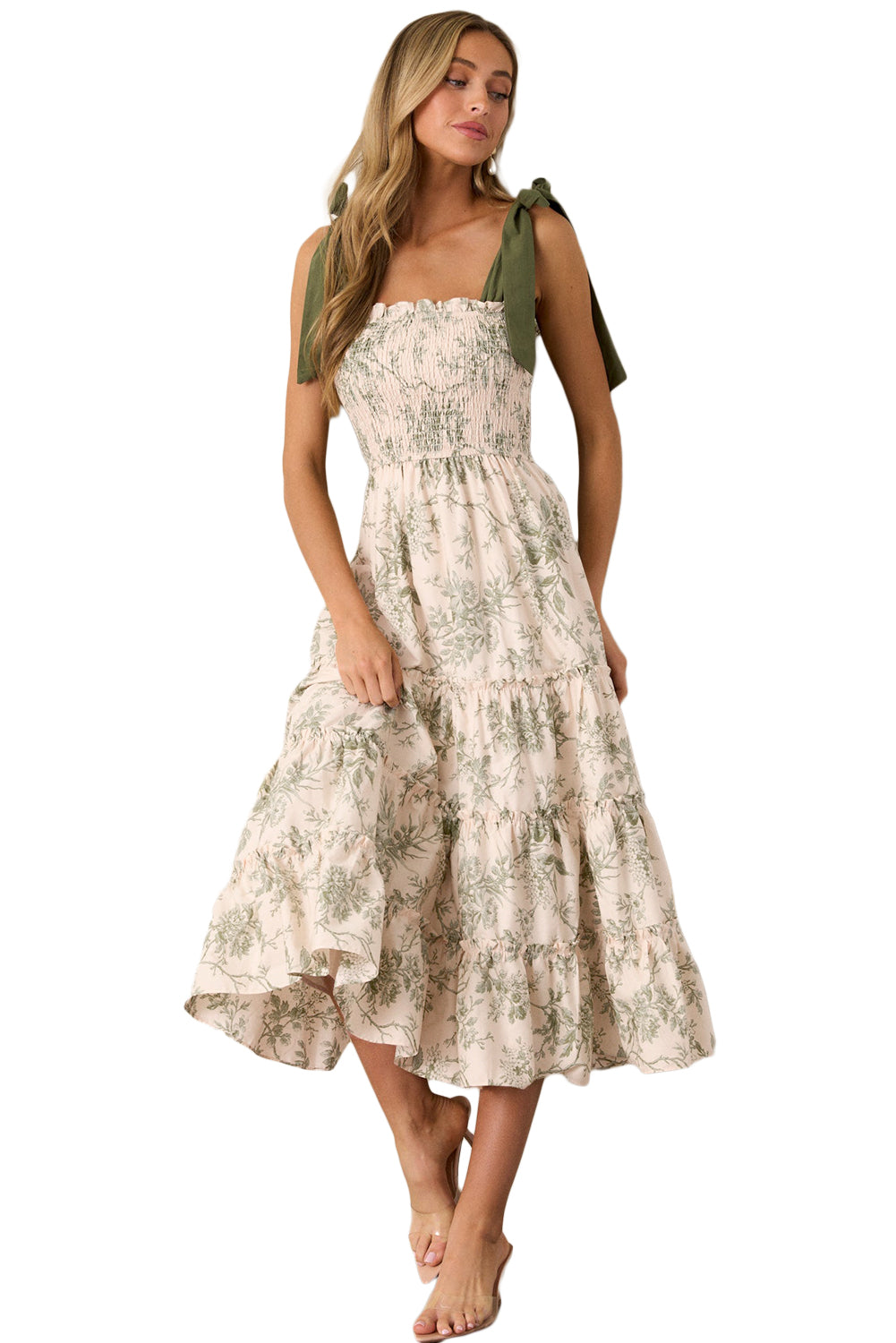 Floral Smocked High Waist Tiered Midi Dress