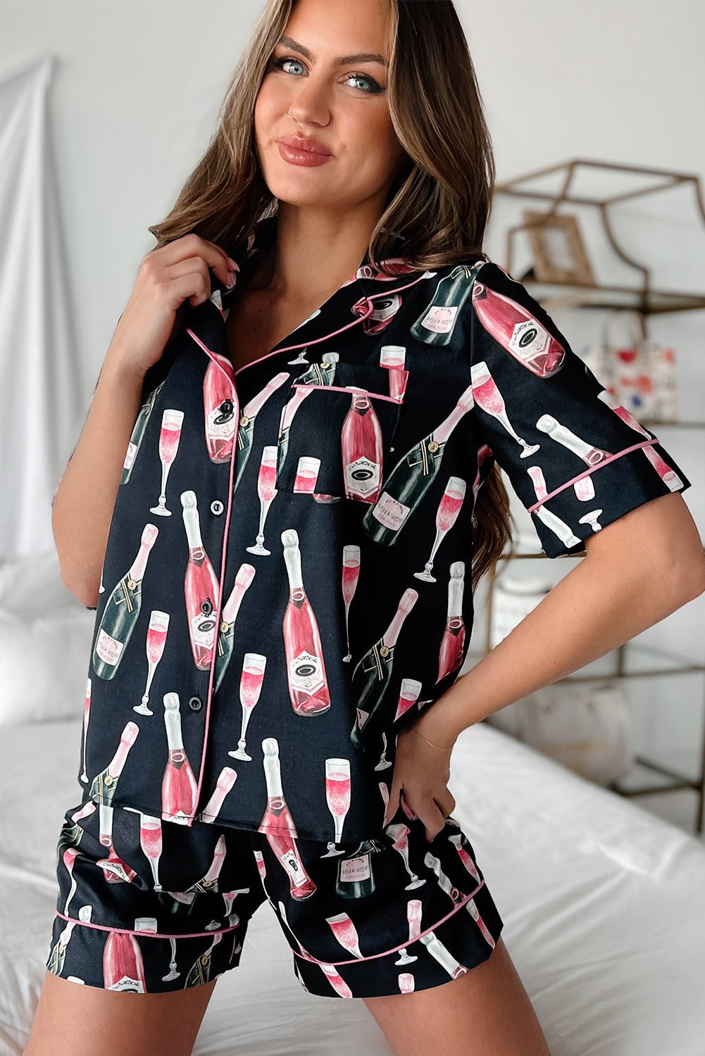 Black Champagne Print Pajamas Set