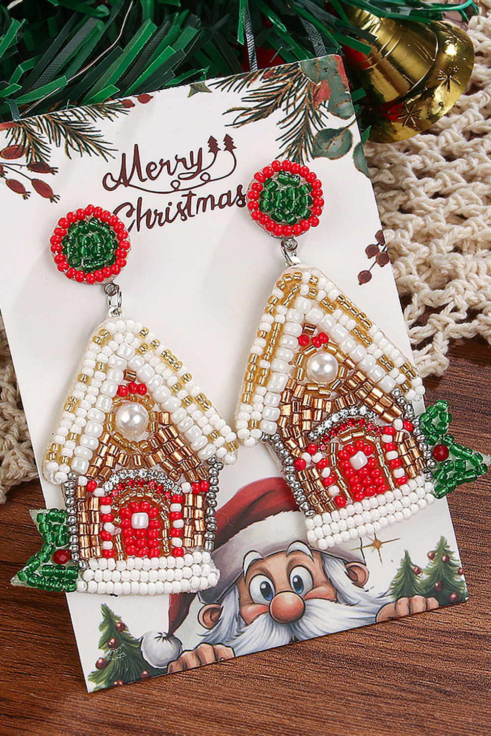 White Christmas House Seed Beaded Earrings