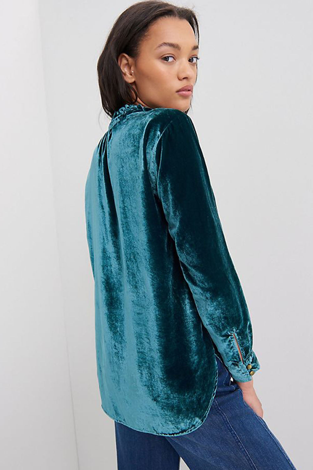 V Neck Buttoned Velvet Blouse