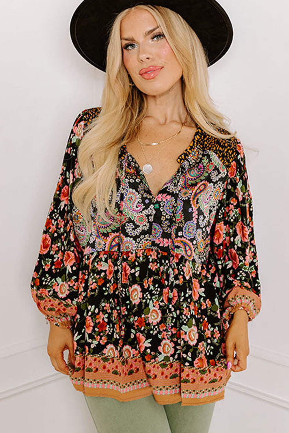 Paisley Print V Neck Bubble Sleeve Blouse - Plus