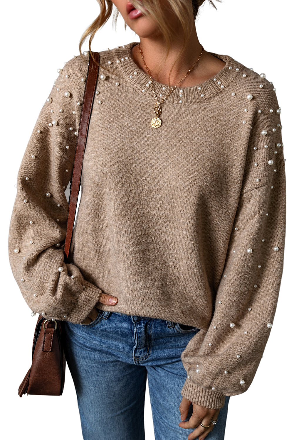 Pearl Drop Shoulder Round Neck Sweater