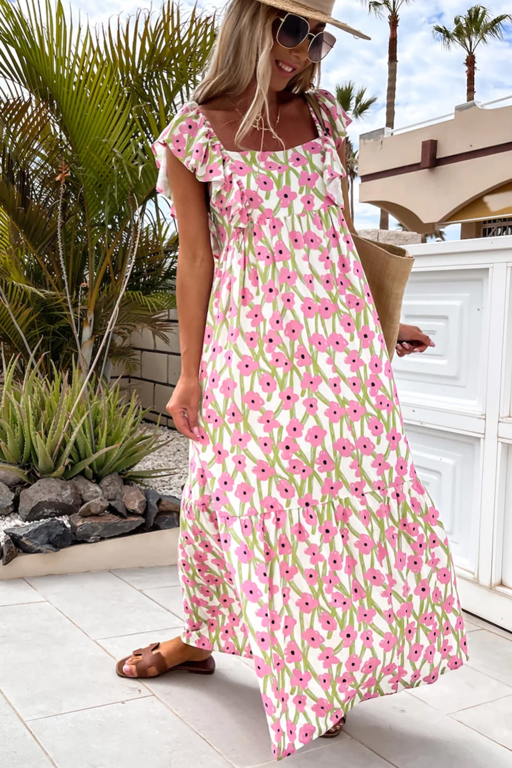 Pink Floral Square Neck Maxi Dress