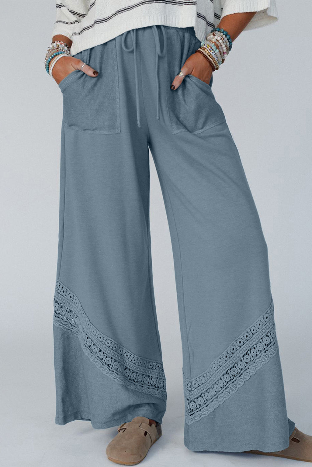 Dusk Blue Crochet Drawstring Wide Leg Pants