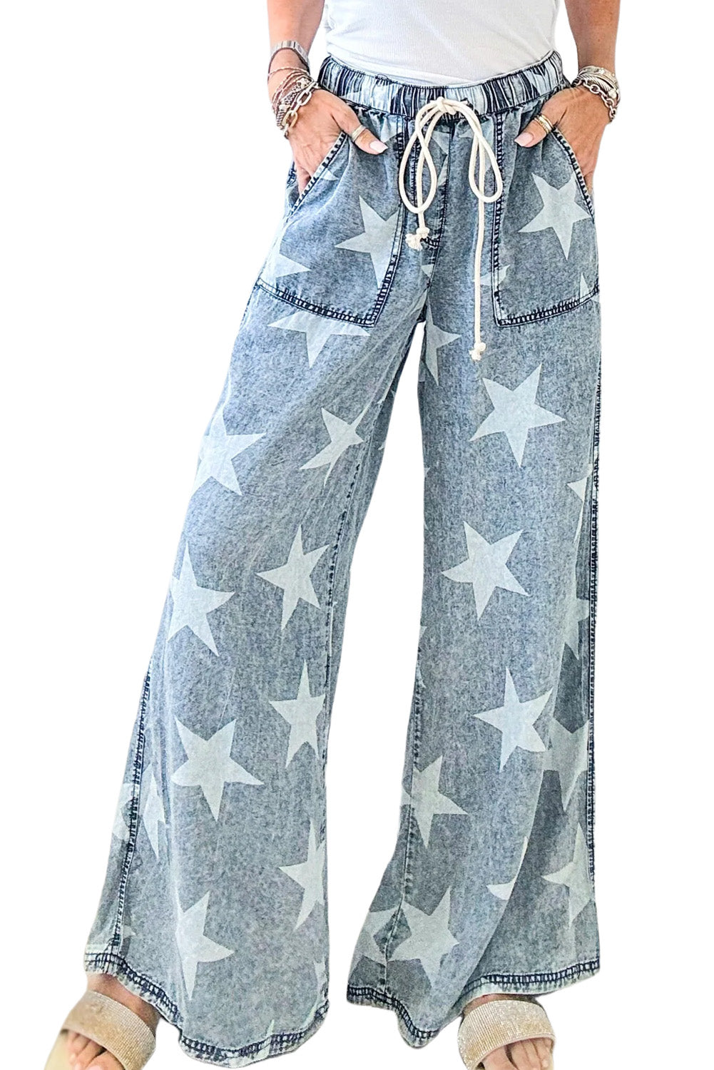 Light Blue Star Print Drawstring Wide Leg Jeans