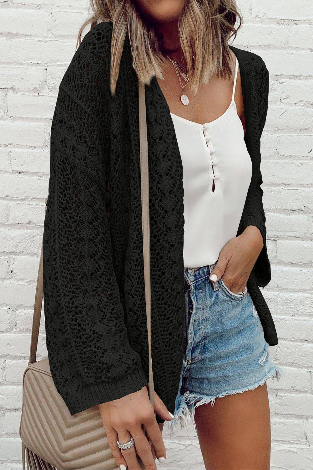 Crochet Knit Open Front Cardigan