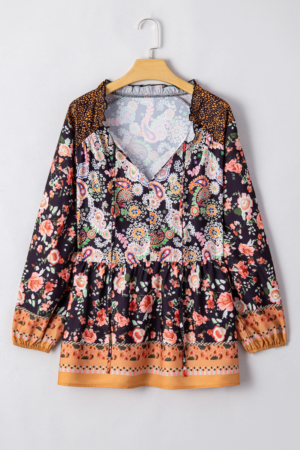 Paisley Print V Neck Bubble Sleeve Blouse - Plus