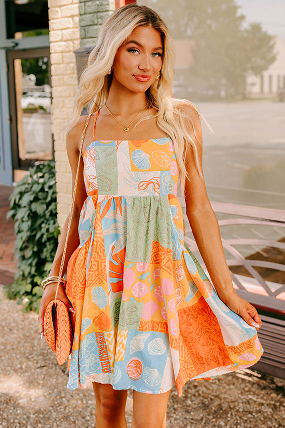 Sea Shell Print Patchwork Backless Dress