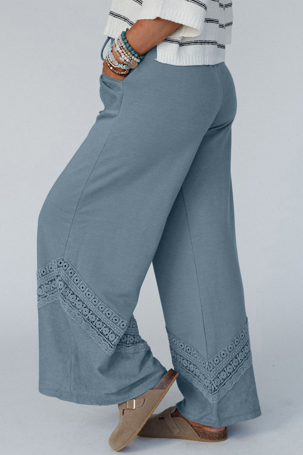 Dusk Blue Crochet Drawstring Wide Leg Pants