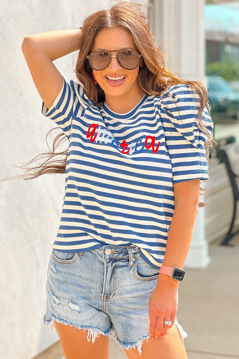 Blue Stripe America Puff Sleeve T-shirt