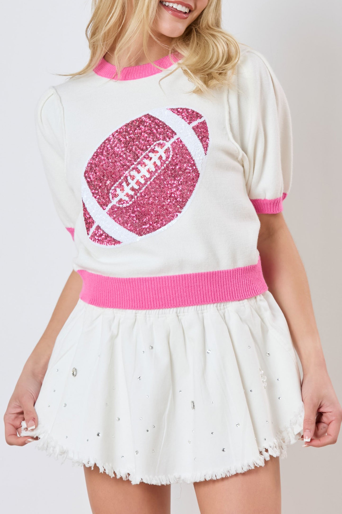 Sequin Football Puff Sleeve Knit Top