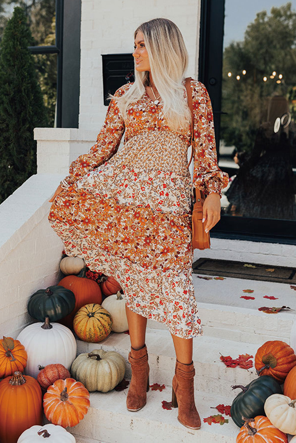 Floral Print Ruffled Tiered Long Sleeve V Neck Midi Dress