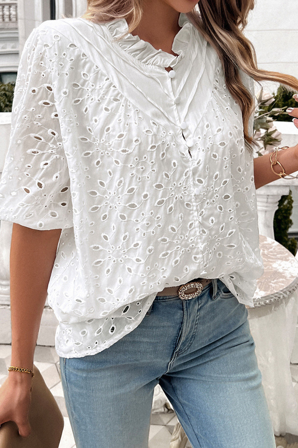 White Puff Sleeve Eyelet Blouse