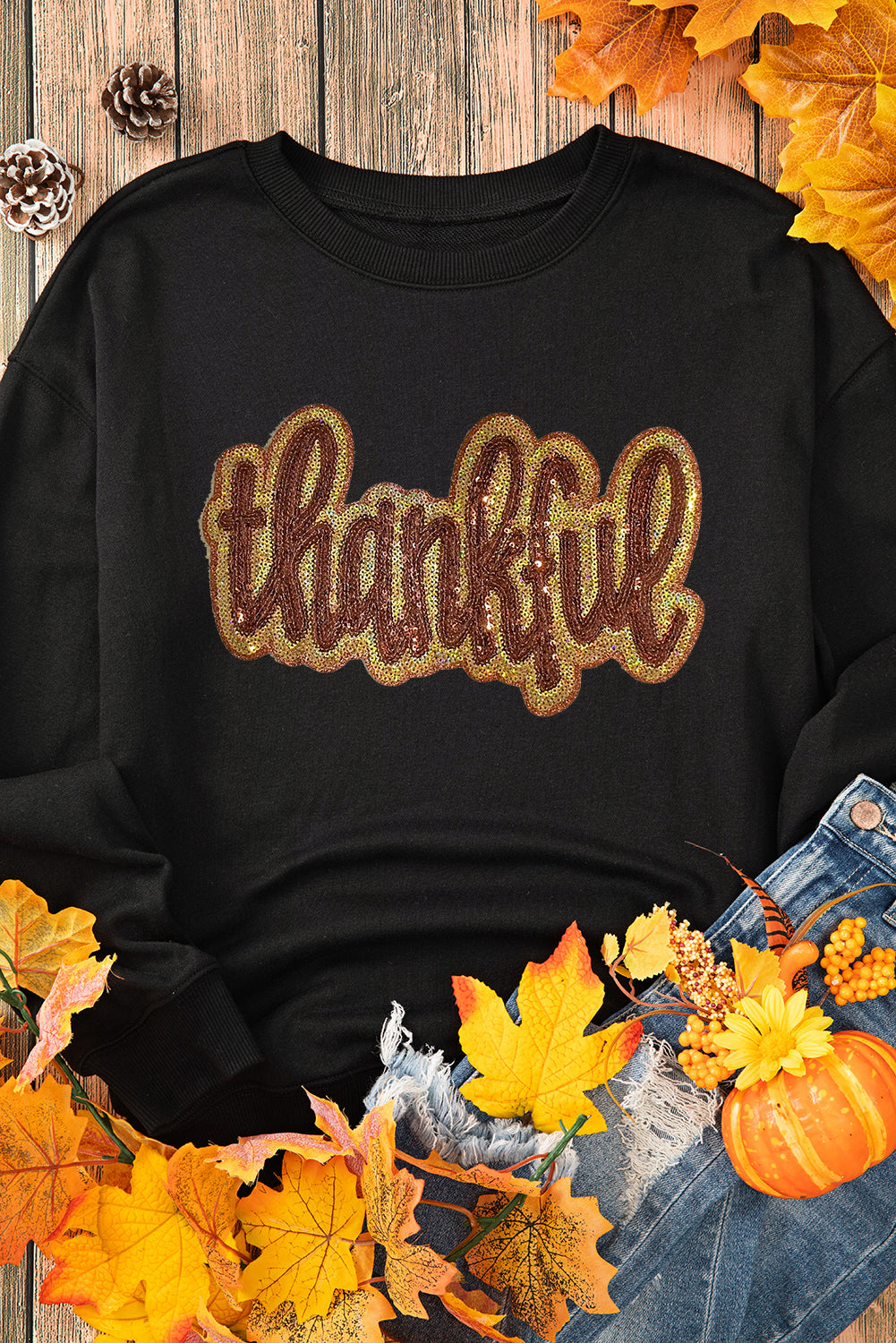 Black thankful Sequin Sweatshirt