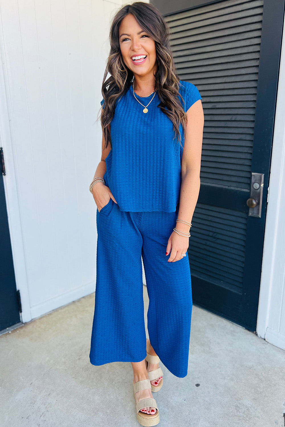 Cap Sleeve Top and Wide Leg Pants Set