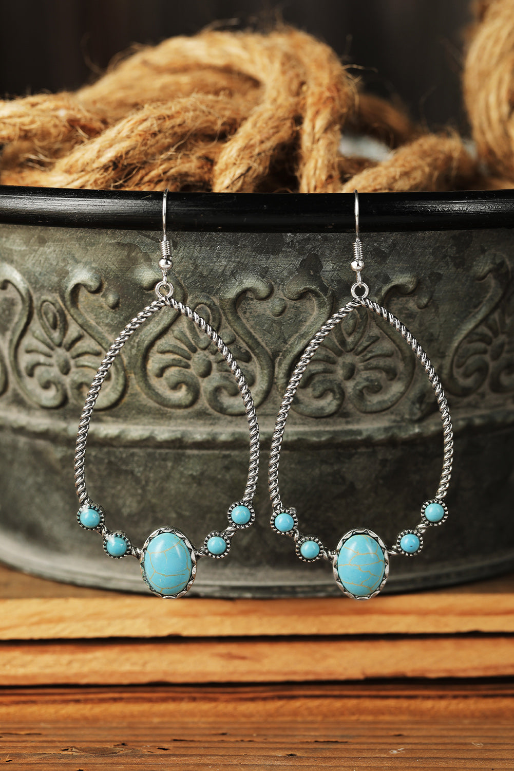 Silver Vintage Turquoise Teardrop Hook Earrings