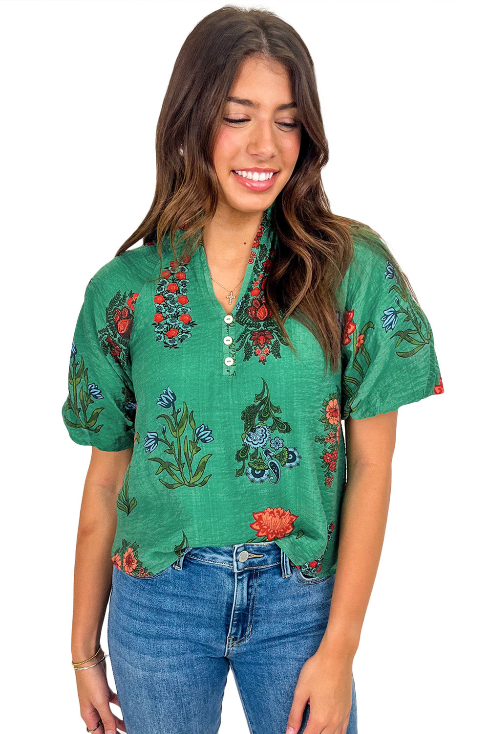 Green Floral Button V-Neck Blouse