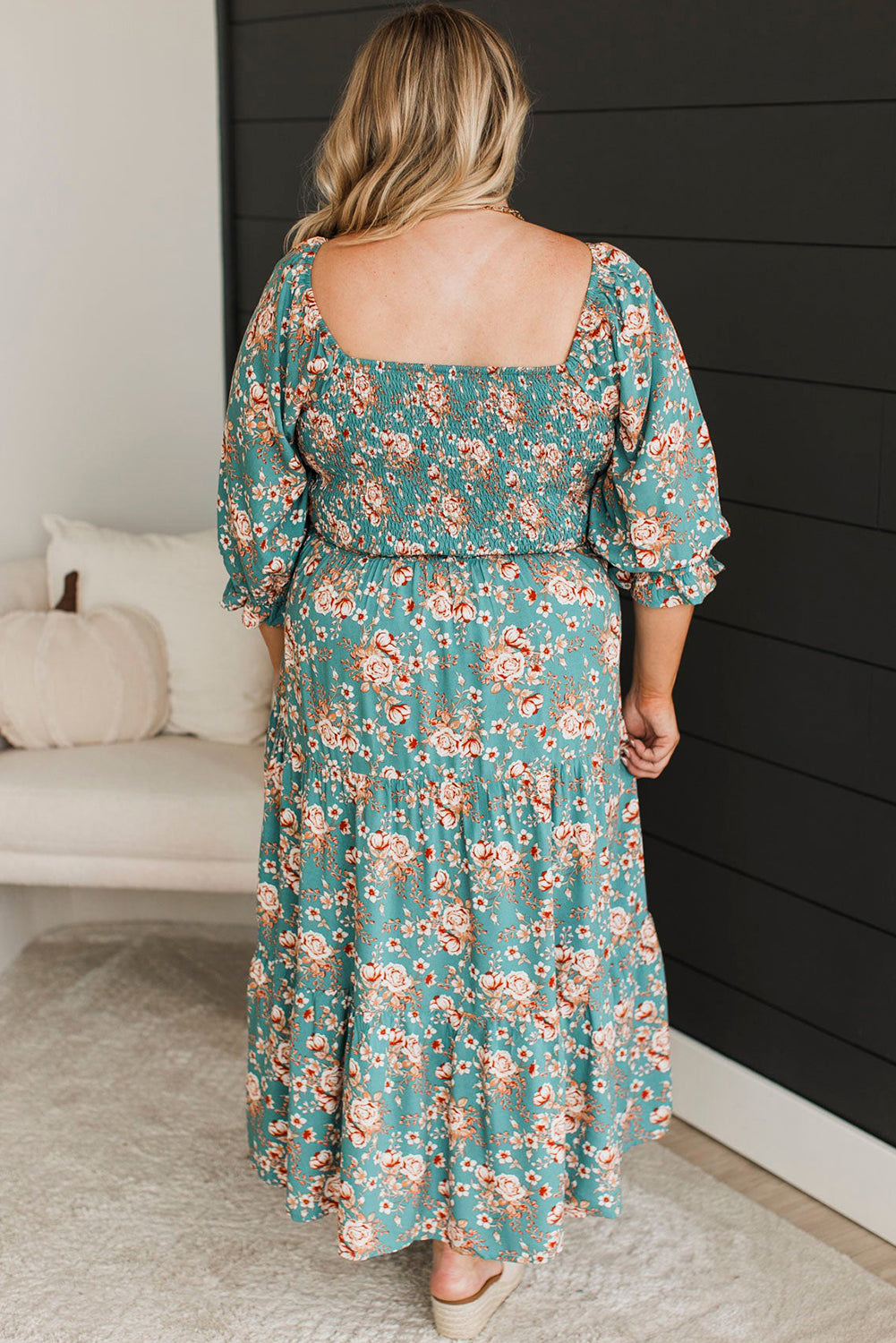 Green Floral Print Smocked Tiered Maxi Dress - Plus