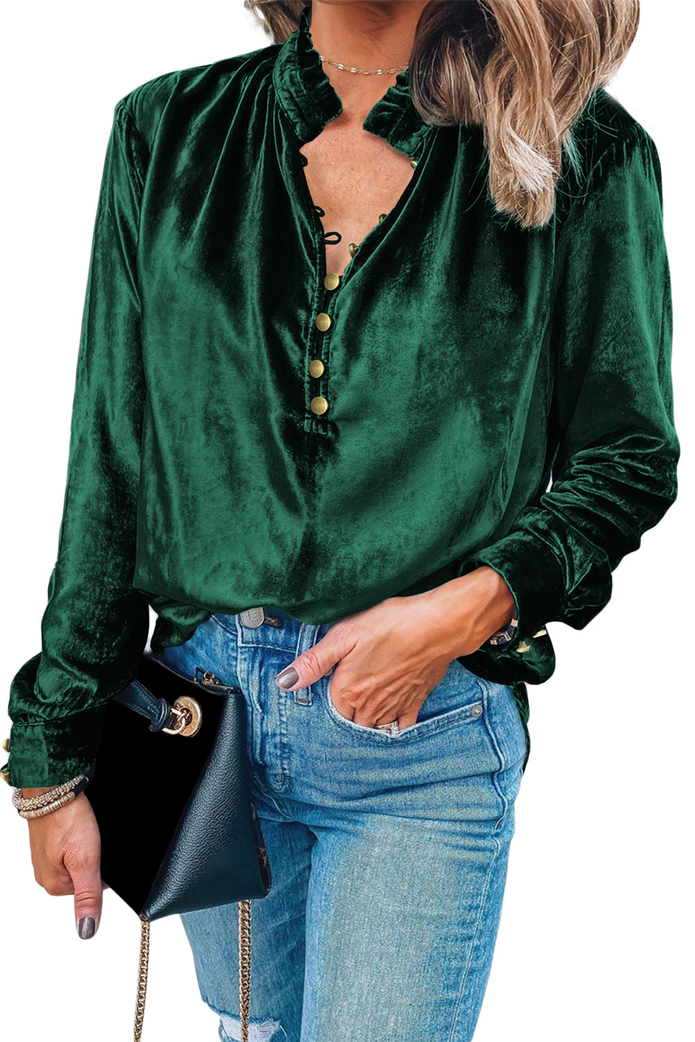 V Neck Buttoned Velvet Blouse