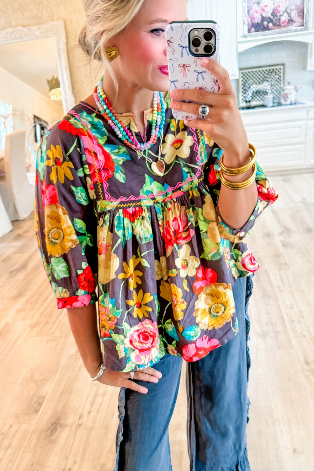 Flower Embroidered Trim Blouse