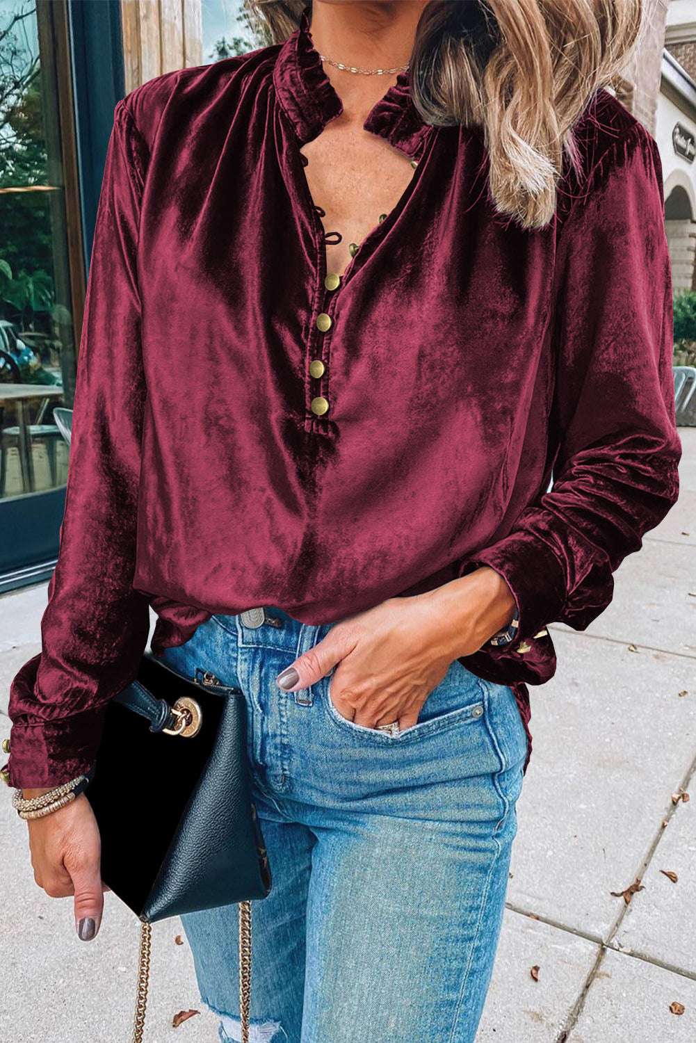 V Neck Buttoned Velvet Blouse