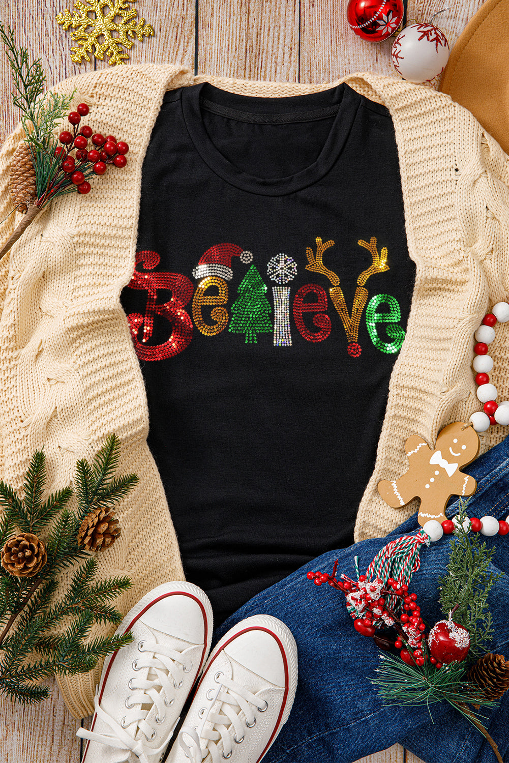 BELIEVE Glittered Christmas Tee