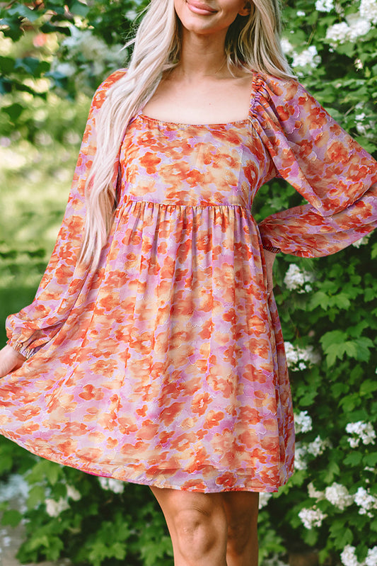 Rose Floral Print Square Neck Dress